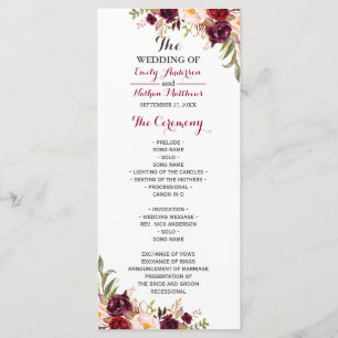 Burgunderrote Hochzeitsprogramm mit Blumenmuster Programm