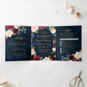 Burgunderrote Navy-Gold-Dreifaltigkeits-Hochzeitse Dreifach Gefaltete Ankündigung