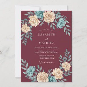 Burgunderrote Ornamente Teal Rose Hochzeit Einladung