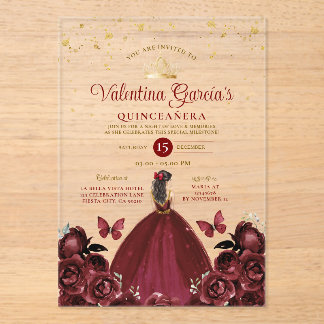 Burgunderrote Quinceañera 15 Anos Blumen Gold Acryleinladungen