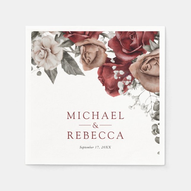 Burgunderrote Rosen Florale Hochzeit Serviette (Vorderseite)