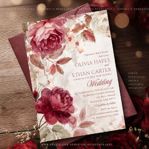 Burgunderrote Rosen Florale Vintage-Hochzeit Einladung