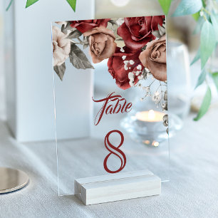 Burgunderrote Rosen Hochzeit Acryl-Tischnummer Acryleinladungen