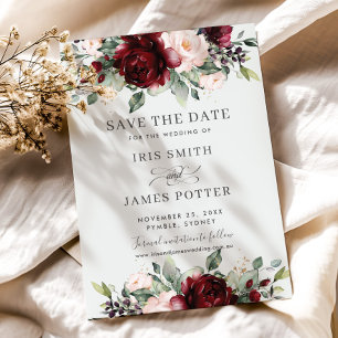 Burgunderrote Rosen-Hochzeit-Karte 'Save the Date' Einladung