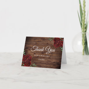 Burgunderrote Rosen-Rustikal-Holz-Hochzeit Danke