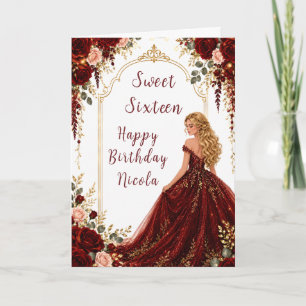 Burgunderrote Rosen Sweet Sixteen Gold-Party Karte