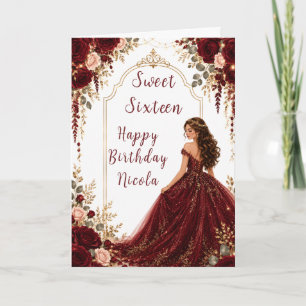 Burgunderrote Rosen Sweet Sixteen Gold-Party Karte