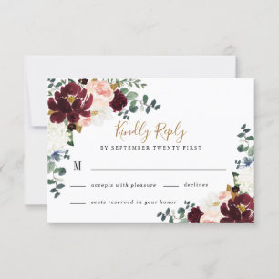 Burgunderrote Rötlich Rosa und Goldene Florale Hoc RSVP Karte