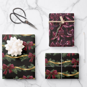 Burgunderrote Schleifen Goldene Bänder Weihnachten Geschenkpapier Set