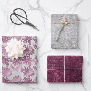 Burgunderrote silberne Blumen-Funkel-Hochzeitsdusc Geschenkpapier Set