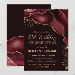 Burgunderrote und goldene Glitter-Achat-Geburtstag Einladung