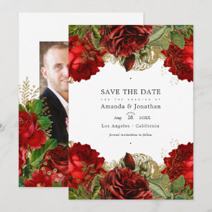 Burgunderrote und goldene Rosen im Vintage Chic Ho Save The Date