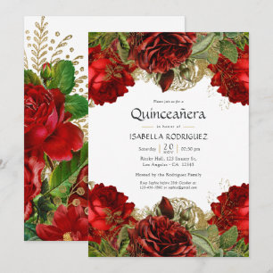 Burgunderrote und goldene Vintage-Rosen Quinceañer Einladung
