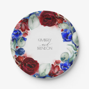 Burgunderrote und marineblaue Blumenkranz-Hochzeit Pappteller