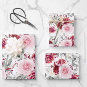 Burgunderrote und rosa florale botanische Eleganz Geschenkpapier Set