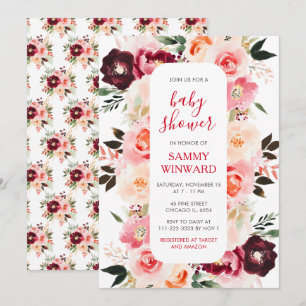 Burgunderrote und rosafarbene florale Babyparty Einladung