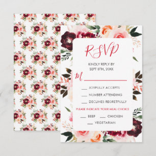 Burgunderrote und rosafarbene florale Hochzeit RSVP Karte