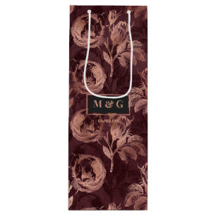 Burgunderrote und roségoldene Vintage-Blumenhochze Geschenktüte Für Weinflaschen