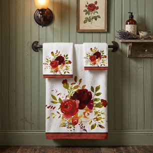 Burgunderrote und rote Aquarellrosen Badhandtuch Set