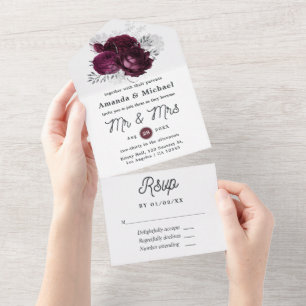 Burgunderrote und silberne Blumenhochzeit All In One Einladung