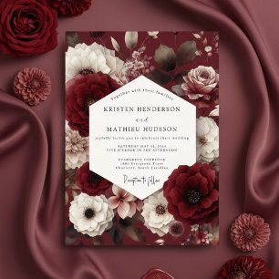 Burgunderrote üppige Blumenromanze-Hochzeit Einladung