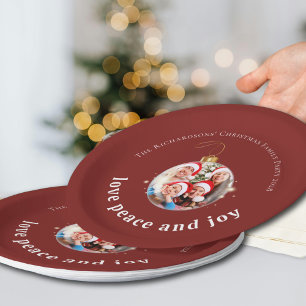 Burgunderrote Weihnachtsfamilienfoto Liebe Frieden Pappteller