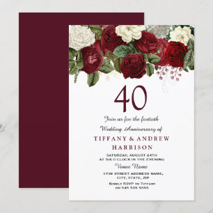 Burgunderrote weiße Rosen 40. Hochzeitstag Einladung