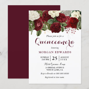 Burgunderrote weiße Rosen Quinceanera-Einladung Einladung