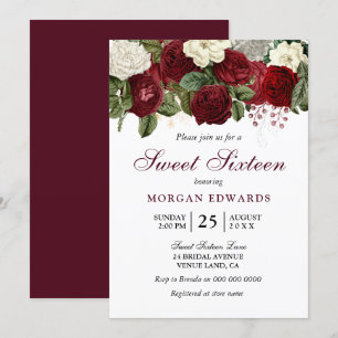 Burgunderrote weiße Rosen Sweet 16 Einladung