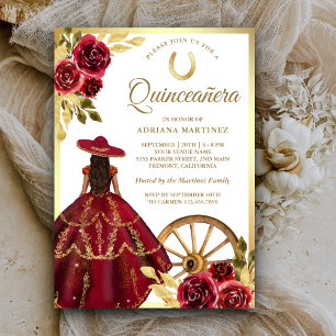 Burgunderroter Blumenkleid Charro Gold Quinceanera Einladung
