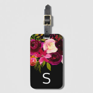 Burgunderschwarzes Blumenmonogramm Gepäckanhänger