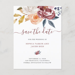 BurgunderWatercolor Blumen , das Save the Date Ankündigungspostkarte