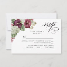 Burgunderwein-Anthurium- und Hortensien-Hochzeit