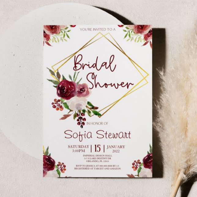 Burgundi Gold Floral Blume Frame Brautparty Einladung (Von Creator hochgeladen)