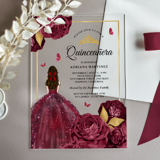 Burgundi Gold Floral Dress Butterfly Quinceanera Acryleinladungen