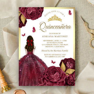 Burgundi Gold Floral Dress Butterfly Quinceanera Einladung