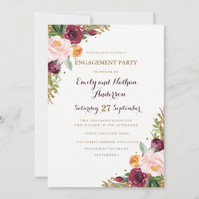 Burgundi Gold Floral Glitzer Engagement Party Card Einladung (Vorderseite)