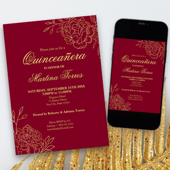 Burgundi Gold Kontur Blume Blumenquinceanera Einladung (Red and Gold Quinceanera Invitation, from my Gold Sketched Floral collection
)