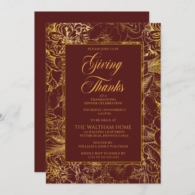 Burgundi Gold Vintag Floral Erntedank Dinner Einladung (Vorne/Hinten)