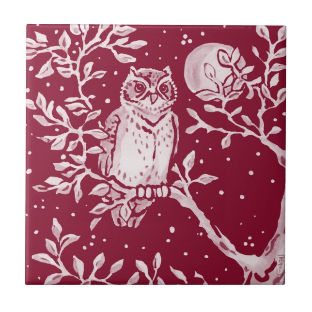 Burgundi Owl Moon Night Woodland Foodland Animal  Fliese (Vorderseite)