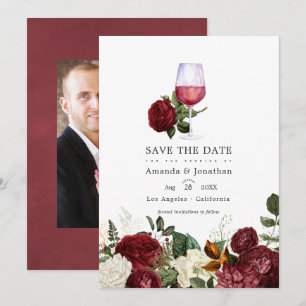 Burgundische florale Weinprobe Hochzeitsfoto Save The Date