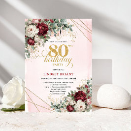 Burgundrot Florales Gold 80. Geburtstag Einladung