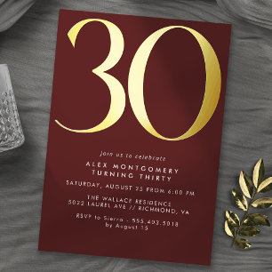 Burgundrot und Gold Luxus-Maroon 30. Geburtstag Folieneinladung