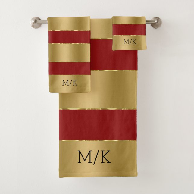 Burgundrot und luxuriöse goldene Streifen Muster Badhandtuch Set (Insitu)