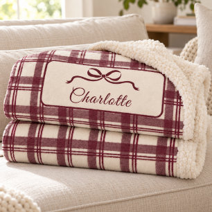 Burgundrote Creme-Tartan-Karo-Schleife Weihnachten Sherpadecke