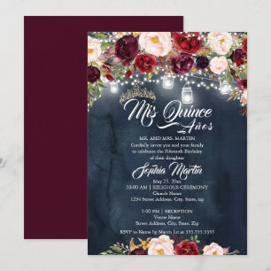 Burgundrote Navy Florale Lichter Quinceanera  Einladung