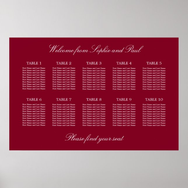 Burgundy 10 Table Wedding Seating Chart Poster (Vorne)