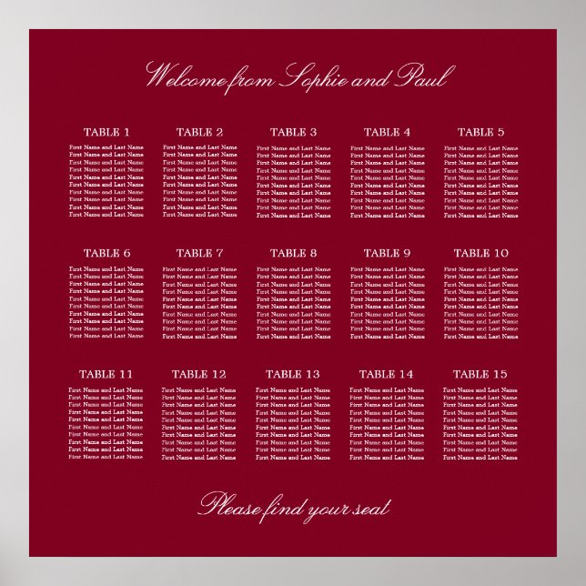 Burgundy 15 Table Wedding Seating Chart Poster (Vorne)