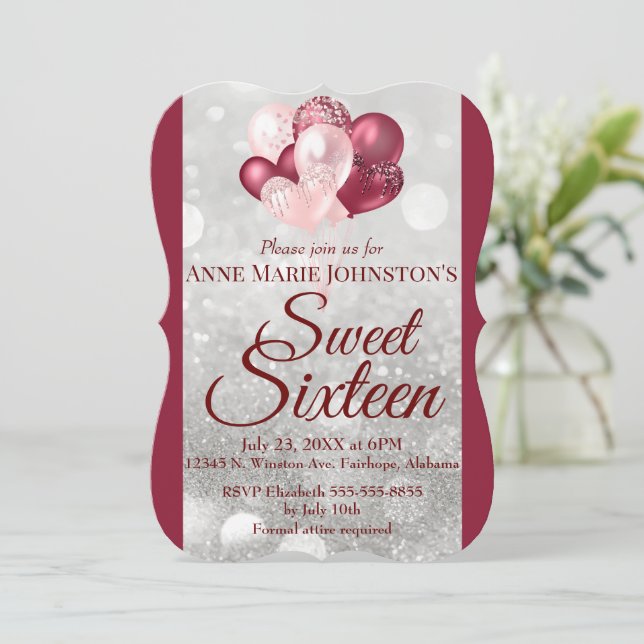 Burgundy 16 . Geburtstag Balloon Einladung (Stehend Vorderseite)