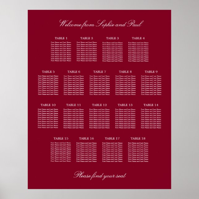 Burgundy 18 Table Wedding Seating Chart Poster (Vorne)